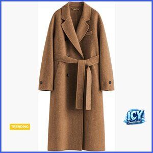 Wool Pea Coat Double Breasted Belted Trench Coat Lapel Collar